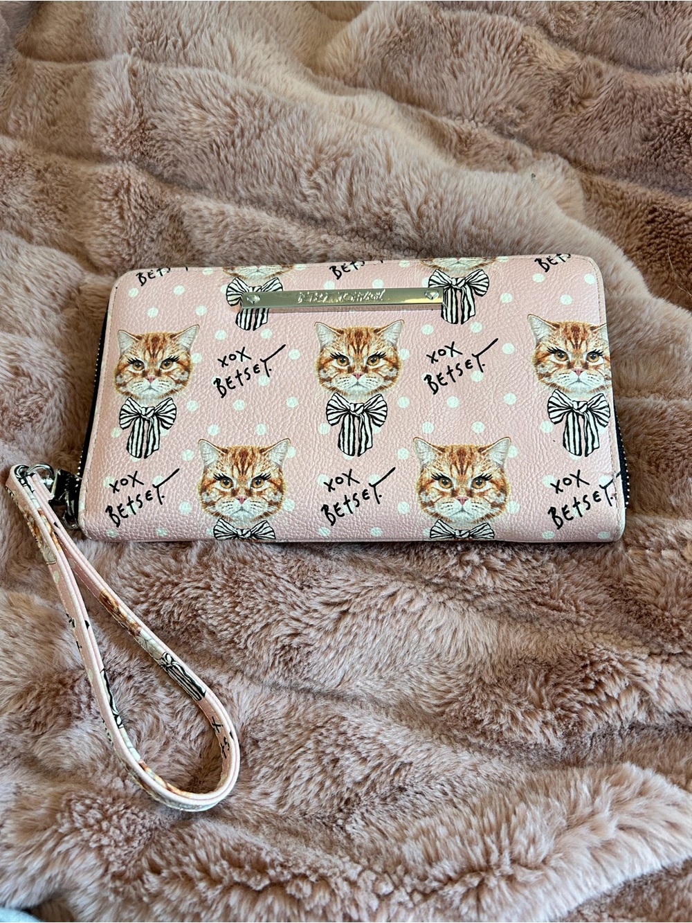 Betsey Johnson Pink Cat Pattern Wristlet Wallet with Bow Accents